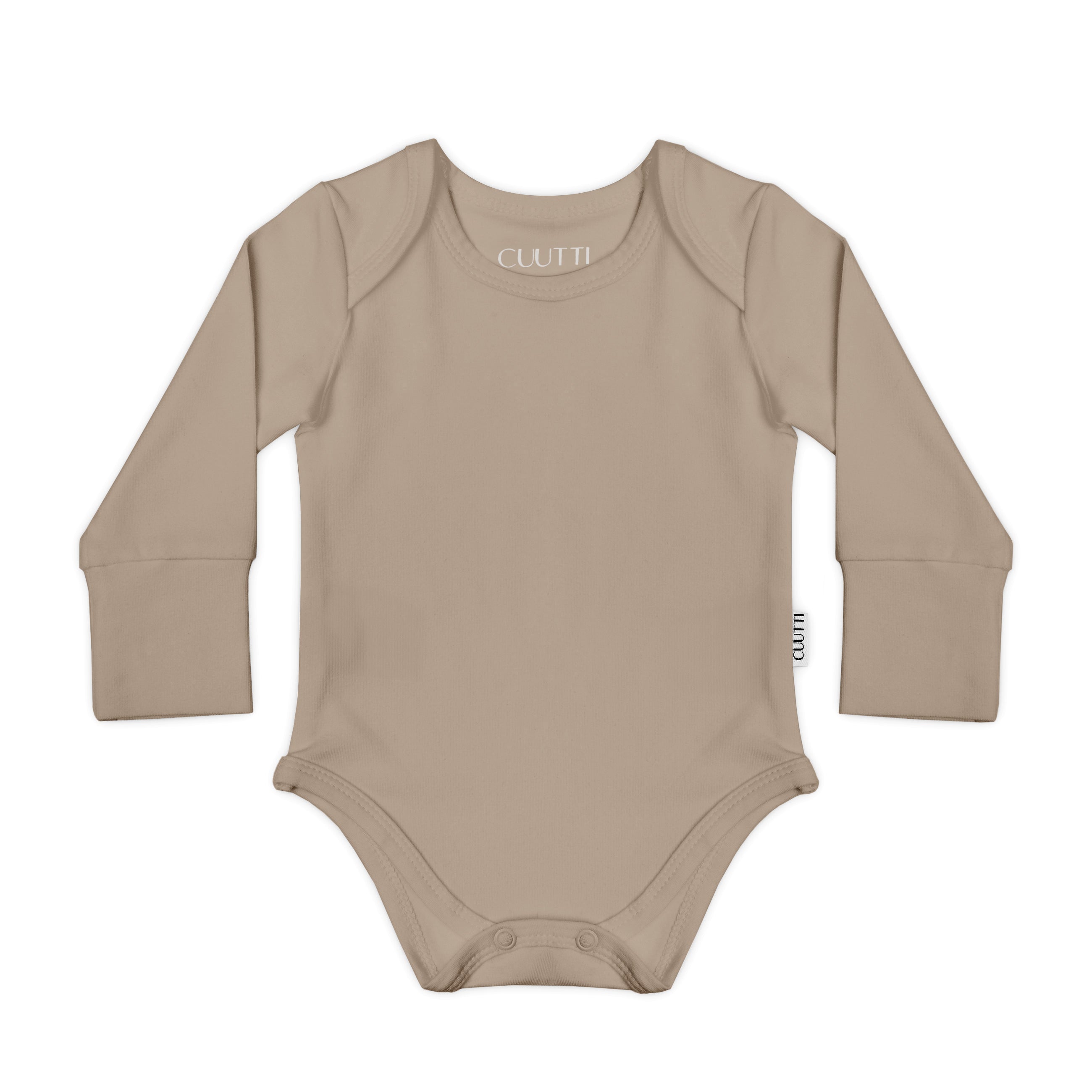 #color_ cookie CUUTTI baby long sleeve bodysuit in cookie color on a white background.
