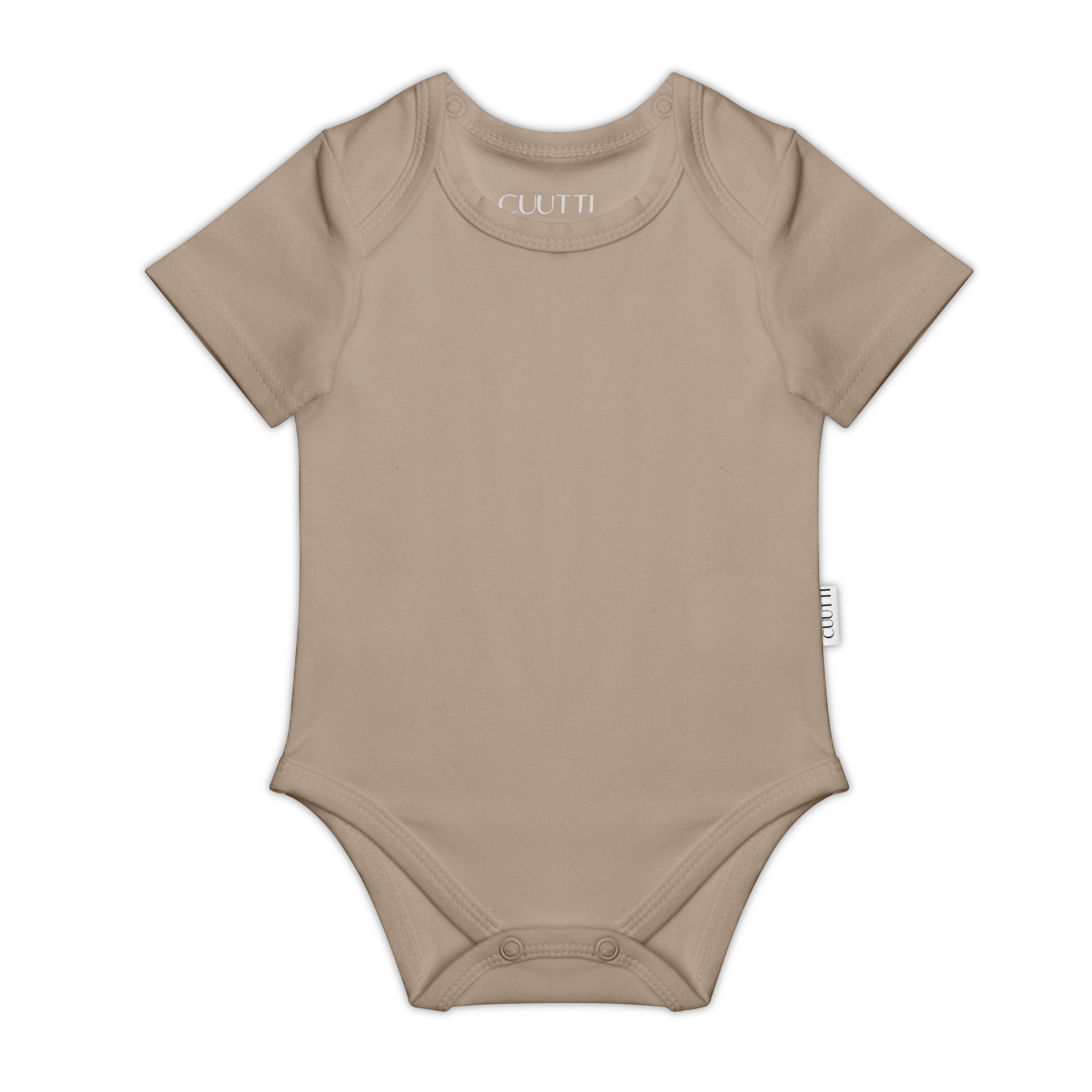 #color_cookie CUUTTI baby short sleeve bodysuit in cookie color on a white background.